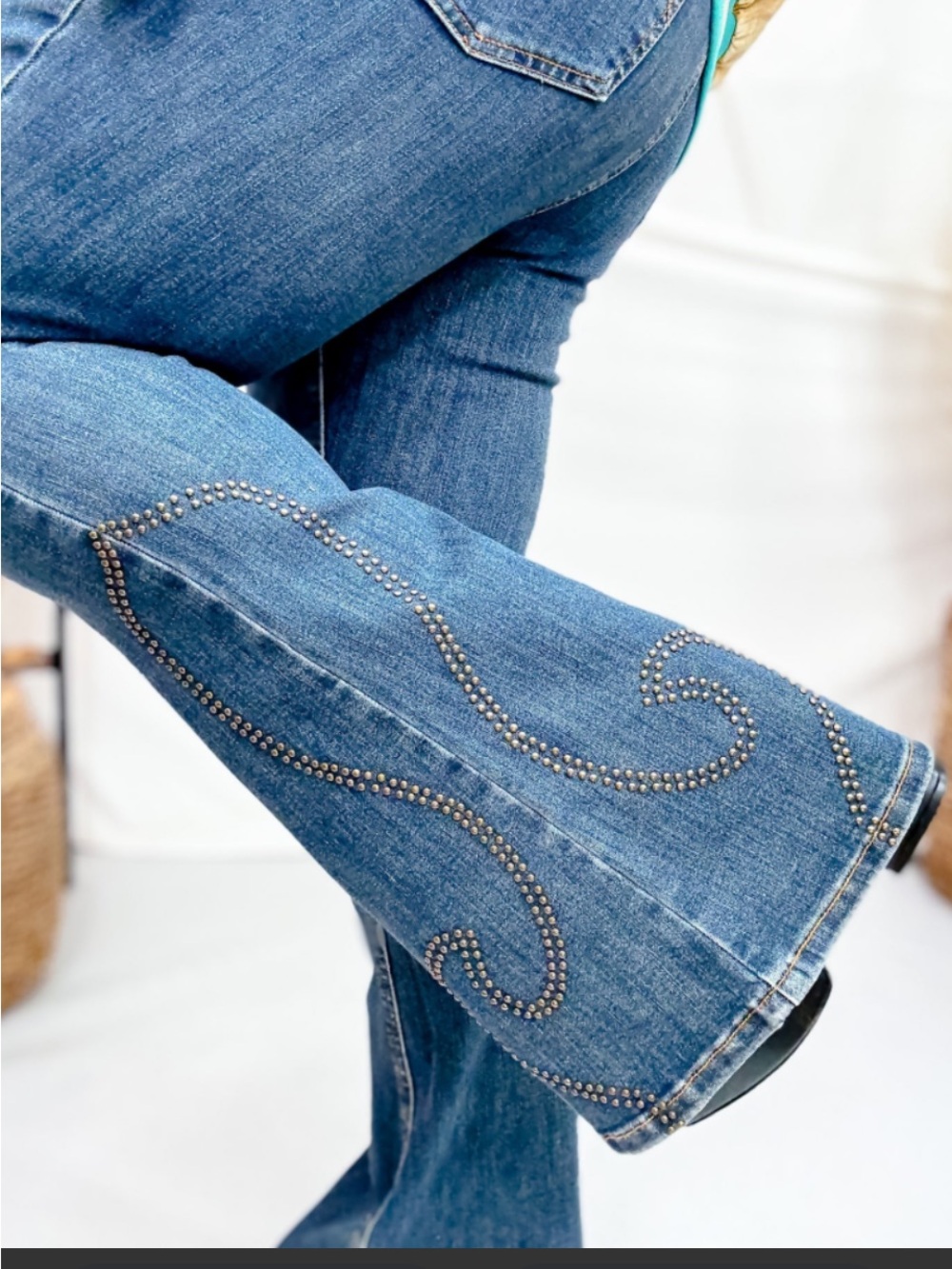 Judy Blue Dark Blue Flare Jeans with Swirl Stud Detail - Picture 15 of 15